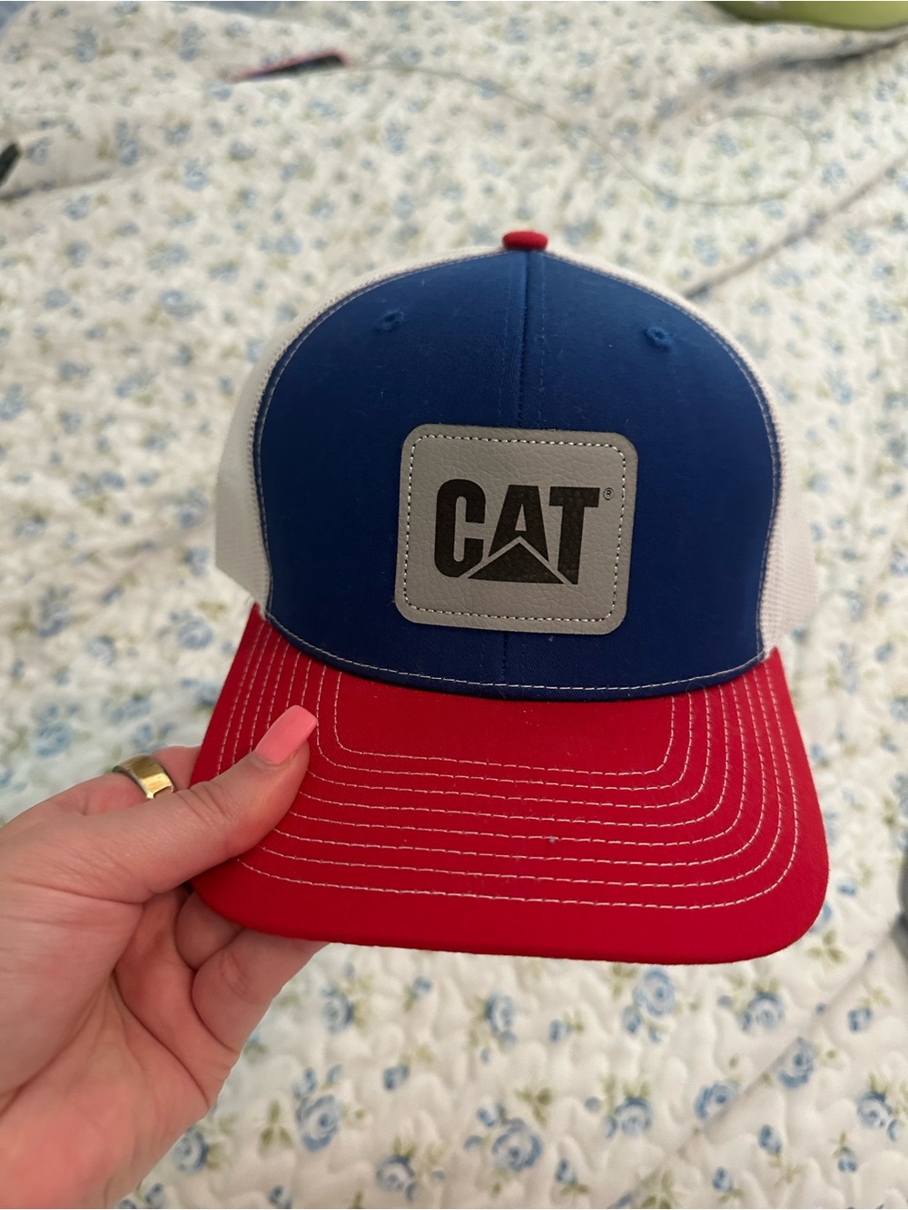 Caterpillar Blue, Red and White Mesh Trucker Hat